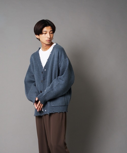 UNIIT(ユニット)の「【UNIIT/ユニット】ダメージニットルーズビッグシルエットカーディガン(カーディガン/ボレロ・メンズ・グリーン/杢グレー/ダークグリーン/ベージュ・MEDIUM/LARGE/SMALL)」の9枚目の写真