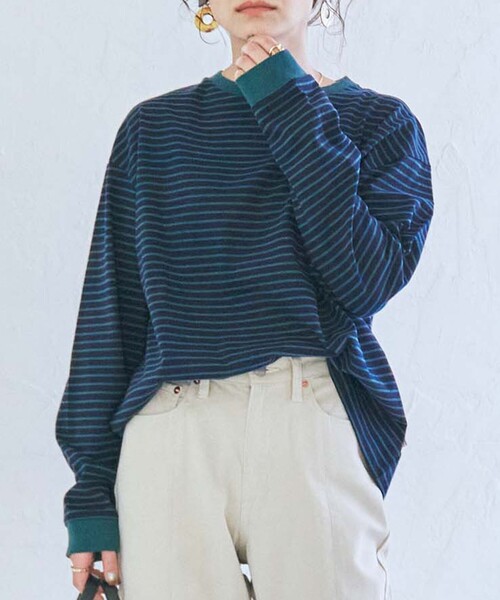 coen（コーエン）の「定番のUSAコットン使用。レトロボーダー袖ボリュームリンガーTシャツ（WEB限定カラー）（Tシャツ/カットソー・レディース・ブラック/ダークグリーン/ベージュ/パープル/ブラウン/オレンジ/ケリー/ネイビー/マスタード/ナチュラル・MEDIUM/LARGE）」の5枚目の写真
