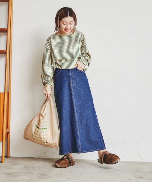 coen（コーエン）の「定番のUSAコットン使用。レトロボーダー袖ボリュームリンガーTシャツ（WEB限定カラー）（Tシャツ/カットソー・レディース・ブラック/ダークグリーン/ベージュ/パープル/ブラウン/オレンジ/ケリー/ネイビー/マスタード/ナチュラル・MEDIUM/LARGE）」の12枚目の写真