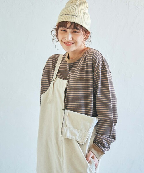 coen（コーエン）の「定番のUSAコットン使用。レトロボーダー袖ボリュームリンガーTシャツ（WEB限定カラー）（Tシャツ/カットソー・レディース・ブラック/ダークグリーン/ベージュ/パープル/ブラウン/オレンジ/ケリー/ネイビー/マスタード/ナチュラル・MEDIUM/LARGE）」の17枚目の写真