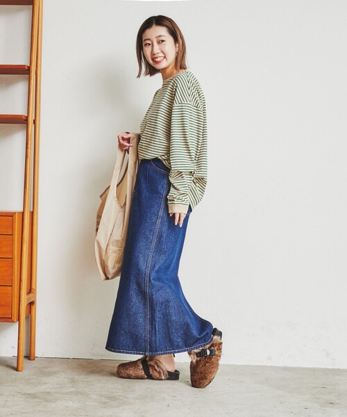 coen（コーエン）の「定番のUSAコットン使用。レトロボーダー袖ボリュームリンガーTシャツ（WEB限定カラー）（Tシャツ/カットソー・レディース・ブラック/パープル/ケリー/オレンジ/ベージュ/ブラウン/ダークグリーン/ネイビー/マスタード/ナチュラル・MEDIUM/LARGE）」の21枚目の写真