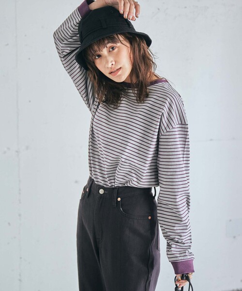 coen（コーエン）の「定番のUSAコットン使用。レトロボーダー袖ボリュームリンガーTシャツ（WEB限定カラー）（Tシャツ/カットソー・レディース・ブラック/パープル/ケリー/オレンジ/ベージュ/ブラウン/ダークグリーン/ネイビー/マスタード/ナチュラル・MEDIUM/LARGE）」の18枚目の写真