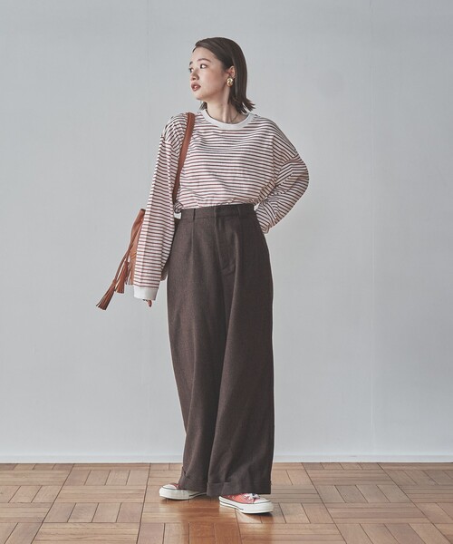 coen（コーエン）の「定番のUSAコットン使用。レトロボーダー袖ボリュームリンガーTシャツ（WEB限定カラー）（Tシャツ/カットソー・レディース・ブラック/パープル/ケリー/オレンジ/ベージュ/ブラウン/ダークグリーン/ネイビー/マスタード/ナチュラル・MEDIUM/LARGE）」の12枚目の写真