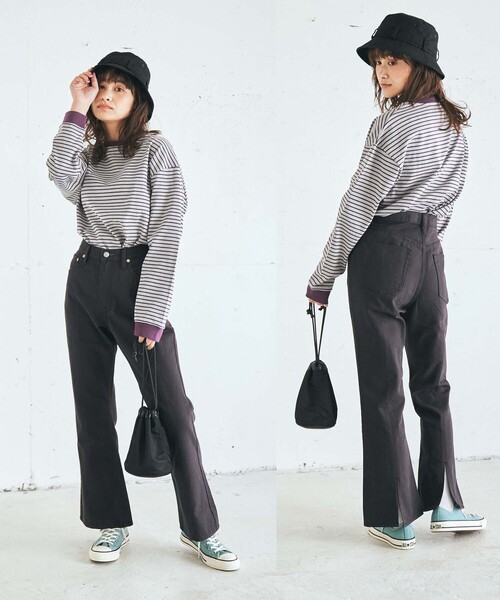 coen（コーエン）の「定番のUSAコットン使用。レトロボーダー袖ボリュームリンガーTシャツ（WEB限定カラー）（Tシャツ/カットソー・レディース・ブラック/パープル/ケリー/オレンジ/ベージュ/ブラウン/ダークグリーン/ネイビー/マスタード/ナチュラル・MEDIUM/LARGE）」の13枚目の写真