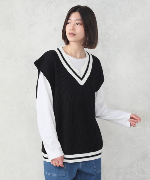 CORPUS　SELECT（コーパストーキョー）の「ビッグシルエット 畦編み チルデンニットベスト（ベスト・メンズ・ブルー/ブラック/グリーン/ブラウン/オフホワイト・L/M）」の3枚目の写真