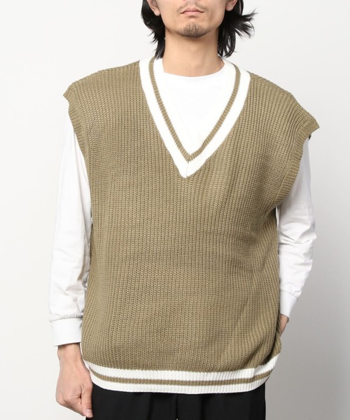 CORPUS　SELECT（コーパストーキョー）の「ビッグシルエット 畦編み チルデンニットベスト（ベスト・メンズ・ブルー/ブラック/グリーン/ブラウン/オフホワイト・L/M）」の12枚目の写真