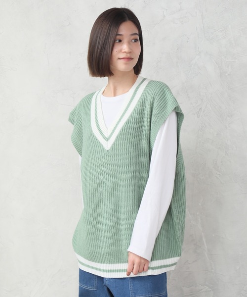 CORPUS　SELECT（コーパストーキョー）の「ビッグシルエット 畦編み チルデンニットベスト（ベスト・メンズ・ブルー/ブラック/グリーン/ブラウン/オフホワイト・L/M）」の22枚目の写真