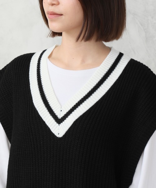 CORPUS　SELECT（コーパストーキョー）の「ビッグシルエット 畦編み チルデンニットベスト（ベスト・メンズ・ブルー/ブラック/グリーン/ブラウン/オフホワイト・L/M）」の20枚目の写真