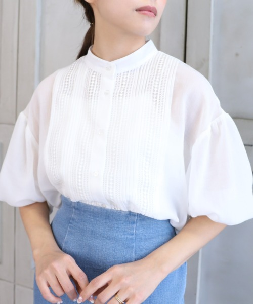 *NewArrival*エステルガーゼレース&ピンタックボリュームスリーブシャツカーデ