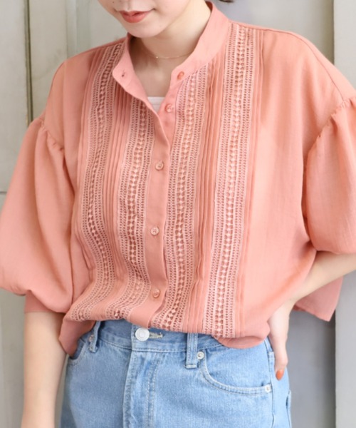 *NewArrival*エステルガーゼレース&ピンタックボリュームスリーブシャツカーデ