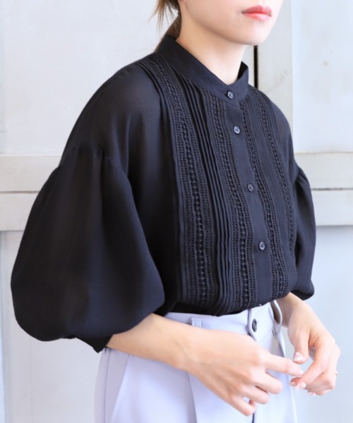 *NewArrival*エステルガーゼレース&ピンタックボリュームスリーブシャツカーデ