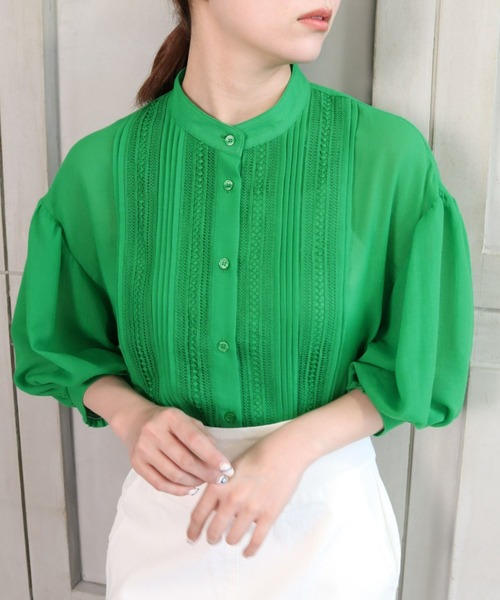 *NewArrival*エステルガーゼレース&ピンタックボリュームスリーブシャツカーデ