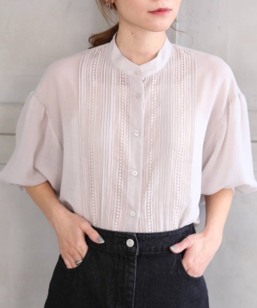 *NewArrival*エステルガーゼレース&ピンタックボリュームスリーブシャツカーデ