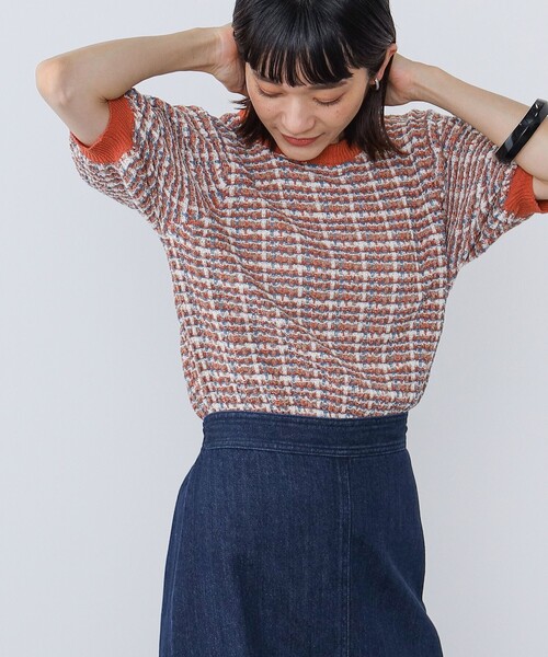 BEAMS HEART（ビームスハート）の「BEAMS HEART / カラフルチェックニット（ニット/セーター・レディース・ネイビー/オレンジ/グリーン・ONESIZE）」の4枚目の写真
