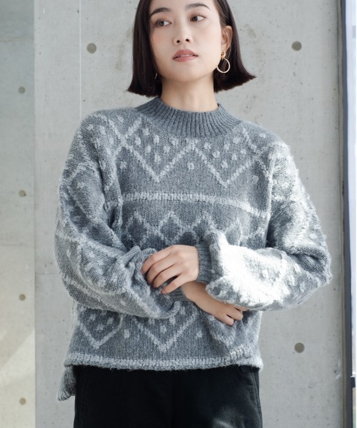 StyleSea（スタイルシー）の「ダイヤ柄ジャガードモックネックニット（ニット/セーター・レディース・チャコールグレー/ブルー/アイボリー・MEDIUM）」の2枚目の写真