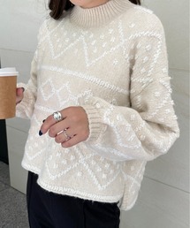 ダイヤ柄ジャガードモックネックニット