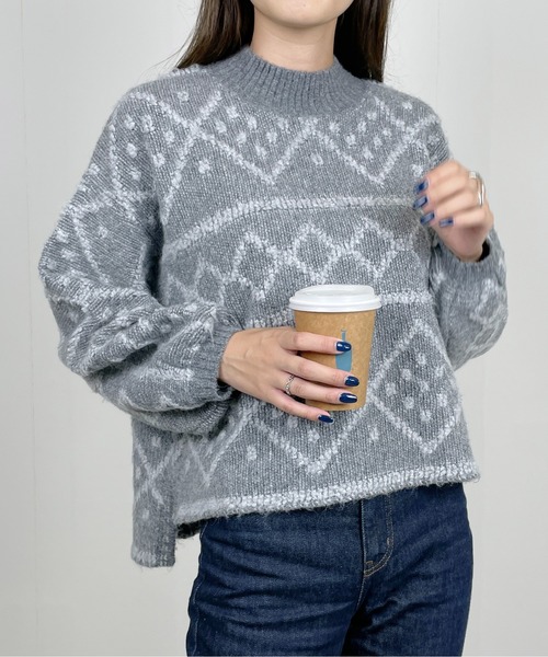 StyleSea（スタイルシー）の「ダイヤ柄ジャガードモックネックニット（ニット/セーター・レディース・チャコールグレー/ブルー/アイボリー・MEDIUM）」の9枚目の写真