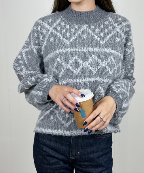 StyleSea（スタイルシー）の「ダイヤ柄ジャガードモックネックニット（ニット/セーター・レディース・チャコールグレー/ブルー/アイボリー・MEDIUM）」の8枚目の写真