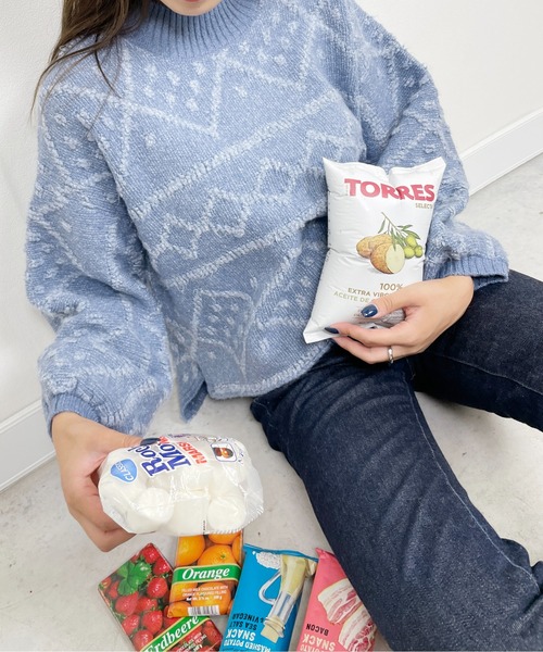 StyleSea（スタイルシー）の「ダイヤ柄ジャガードモックネックニット（ニット/セーター・レディース・チャコールグレー/ブルー/アイボリー・MEDIUM）」の6枚目の写真