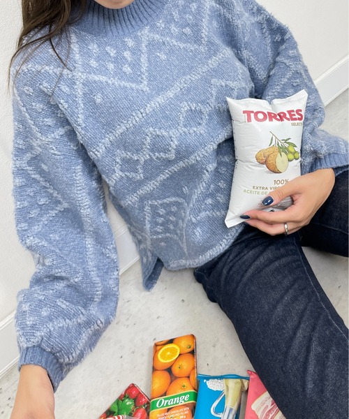 StyleSea（スタイルシー）の「ダイヤ柄ジャガードモックネックニット（ニット/セーター・レディース・チャコールグレー/ブルー/アイボリー・MEDIUM）」の11枚目の写真