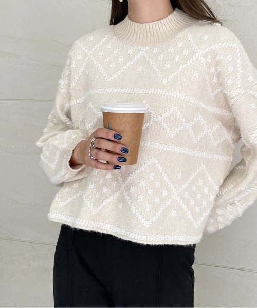 StyleSea（スタイルシー）の「ダイヤ柄ジャガードモックネックニット（ニット/セーター・レディース・チャコールグレー/ブルー/アイボリー・MEDIUM）」の19枚目の写真