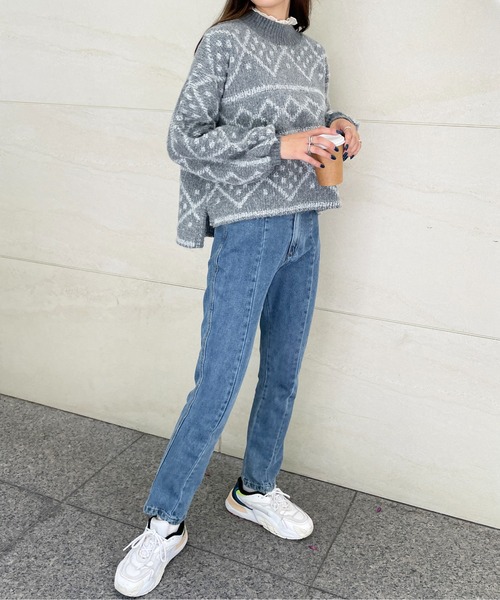 StyleSea（スタイルシー）の「ダイヤ柄ジャガードモックネックニット（ニット/セーター・レディース・チャコールグレー/ブルー/アイボリー・MEDIUM）」の15枚目の写真