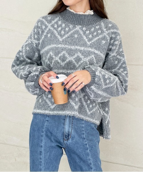 StyleSea（スタイルシー）の「ダイヤ柄ジャガードモックネックニット（ニット/セーター・レディース・チャコールグレー/ブルー/アイボリー・MEDIUM）」の14枚目の写真