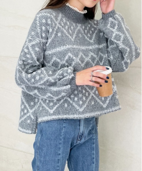 StyleSea（スタイルシー）の「ダイヤ柄ジャガードモックネックニット（ニット/セーター・レディース・チャコールグレー/ブルー/アイボリー・MEDIUM）」の16枚目の写真