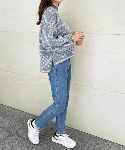 StyleSea（スタイルシー）の「ダイヤ柄ジャガードモックネックニット（ニット/セーター・レディース・チャコールグレー/ブルー/アイボリー・MEDIUM）」の17枚目の写真