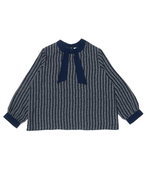 TOKYO SHIRTS(トウキョウシャツ)の「配色プリント リボン付き長袖カジュアルシャツ(シャツ/ブラウス・レディース・ネイビー/オフホワイト・M/L)」の1枚目の写真