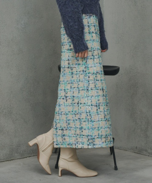 Unitage(ユニテージ)の「ツイードチェックロングスカート(スカート・レディース・ピンク/グリーン・MEDIUM/SMALL)」の3枚目の写真