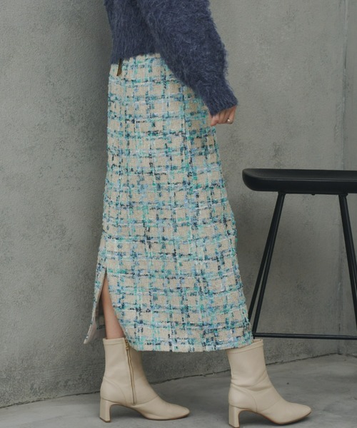 Unitage(ユニテージ)の「ツイードチェックロングスカート(スカート・レディース・ピンク/グリーン・MEDIUM/SMALL)」の4枚目の写真