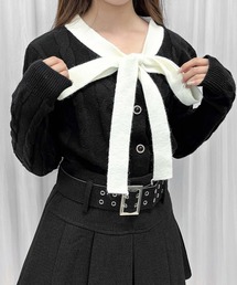 配色ボウタイリボンニットカーデ