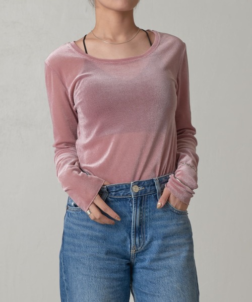 Lui's(ルイス)の「ベロアメッシュ2wayトップス(Tシャツ/カットソー・レディース・グレー/オフホワイト/ピンク/グレイッシュベージュ・FREE)」の4枚目の写真