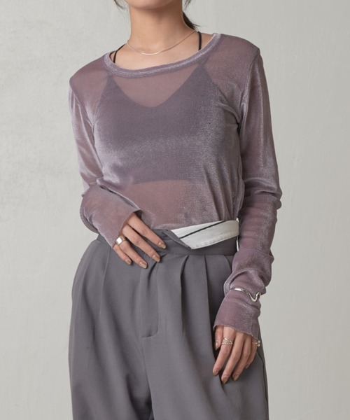 Lui's(ルイス)の「ベロアメッシュ2wayトップス(Tシャツ/カットソー・レディース・グレー/オフホワイト/ピンク/グレイッシュベージュ・FREE)」の3枚目の写真