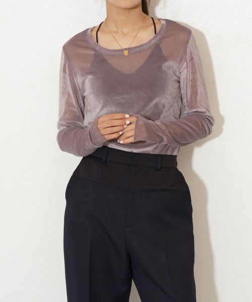 Lui's(ルイス)の「ベロアメッシュ2wayトップス(Tシャツ/カットソー・レディース・グレー/オフホワイト/ピンク/グレイッシュベージュ・FREE)」の8枚目の写真