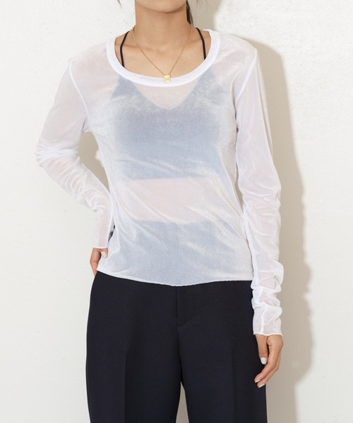 Lui's(ルイス)の「ベロアメッシュ2wayトップス(Tシャツ/カットソー・レディース・グレー/オフホワイト/ピンク/グレイッシュベージュ・FREE)」の5枚目の写真