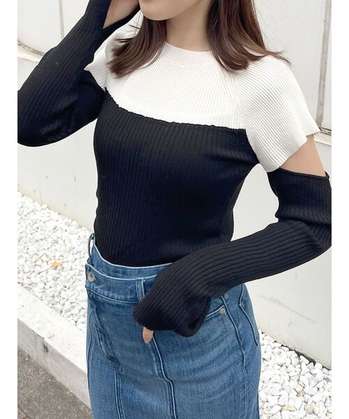 MERCURYDUO（マーキュリーデュオ）の「バイカラータイトニット（ニット/セーター・レディース・ブラック/チャコールグレー/ブラウン・FREE）」の2枚目の写真