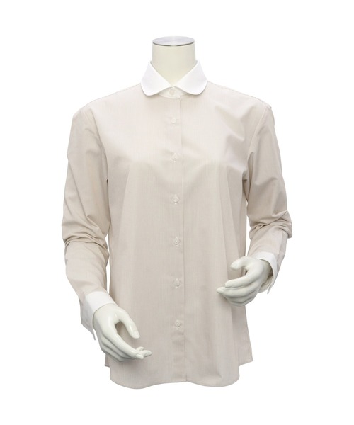 TOKYO SHIRTS（トウキョウシャツ）の「形態安定ノーアイロン クレリックラウンド 長袖ビジネスワイシャツ（ビジネスシャツ・レディース・ベージュ・S/M/L/LL/XL）」の2枚目の写真