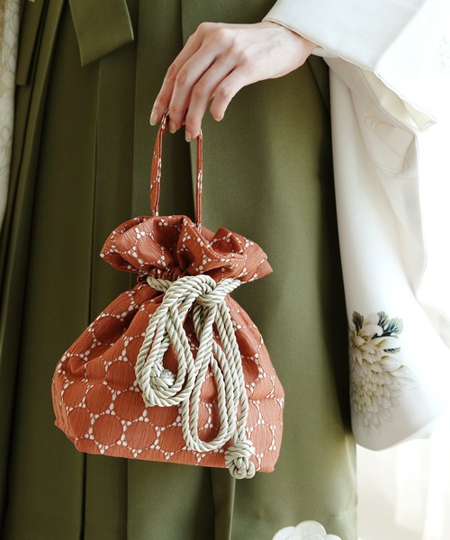 巾着バッグ ドットレース 日本製 オレンジ（和装小物）｜utatane