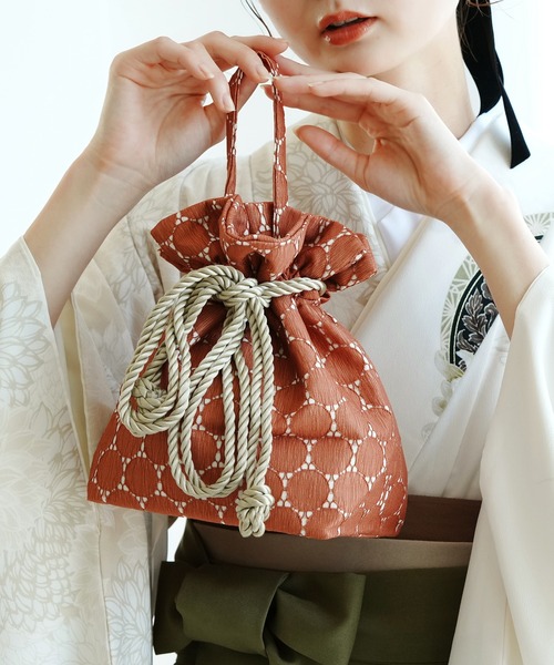 巾着バッグ ドットレース 日本製 オレンジ（和装小物）｜utatane