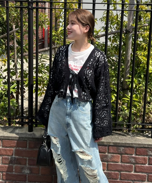 RODEO CROWNS WIDE BOWL（ロデオクラウンズワイドボウル）の「クロシェニットボレロ（カーディガン/ボレロ・レディース・ブラック/オフホワイト/ライトイエロー・FREE）」の3枚目の写真