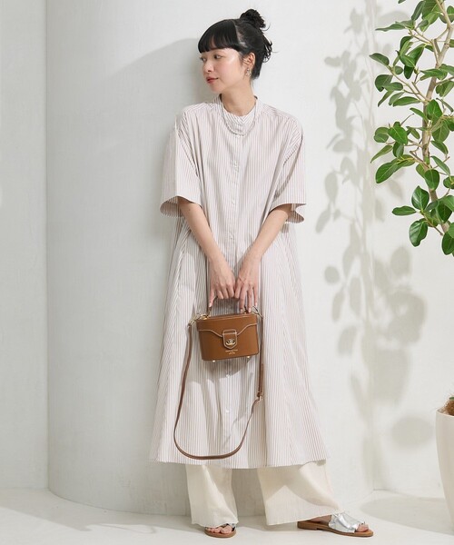 FREAK'S STORE（フリークスストア）の「※入荷NG　マオカラー 半袖フレアワンピース/シャツワンピース（シャツワンピース・レディース・ベージュ/ブラック/オフホワイト/ブルー・ﾌﾘ-）」の3枚目の写真