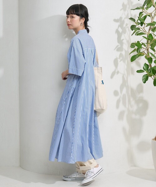 FREAK'S STORE（フリークスストア）の「※入荷NG　マオカラー 半袖フレアワンピース/シャツワンピース（シャツワンピース・レディース・ベージュ/ブラック/オフホワイト/ブルー・ﾌﾘ-）」の5枚目の写真