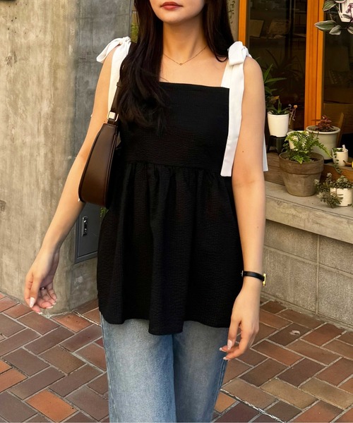 nelliy.（ネルリー）の「バイカラーぽこぽこリボンビスチェ（キャミソール・レディース・ブラック/ホワイト・MEDIUM/LARGE）」の2枚目の写真