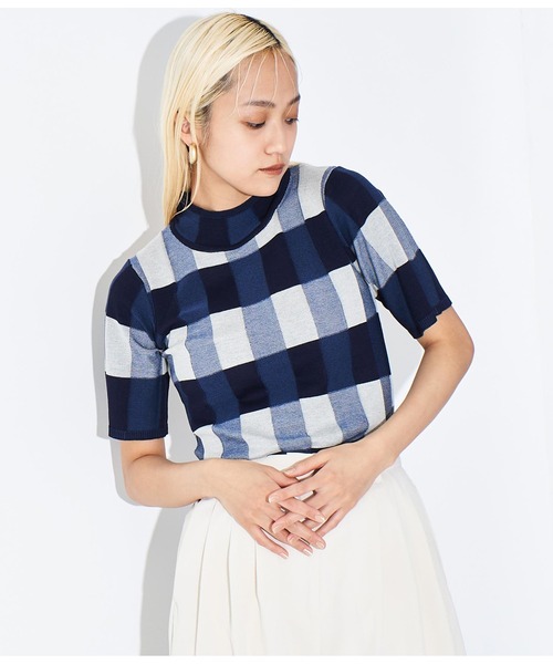 Settimissimo（セッティミッシモ）の「プレーティング チェック ハーフスリーブ トップス（Tシャツ/カットソー・レディース・オフホワイト/ネイビー/ピンク・FREE）」の11枚目の写真