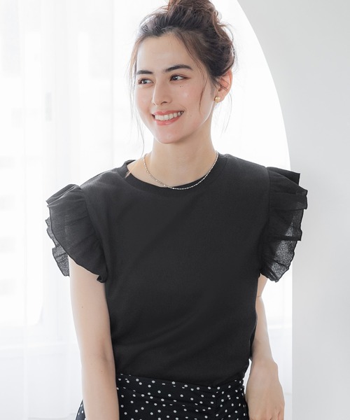 coca（coca）（コカ）の「【WEB限定セール】シャーリング袖フリルトップス（Tシャツ/カットソー・レディース・ブラック/A・M/L）」の2枚目の写真