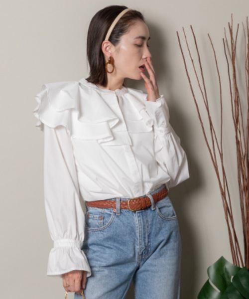 MHBG TOKYO（エムエイチビージートーキョー）の「ラッフルフリルシャツ（シャツ/ブラウス・レディース・サックスブルー/アイボリー・FREE）」の22枚目の写真