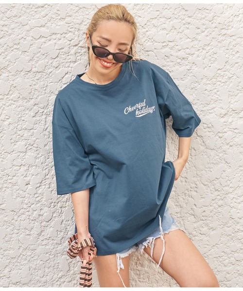 anap mimpi(アナップミンピ)の「メッセージ ワンポイント刺繍 コットン ビッグTシャツ(Tシャツ/カットソー・レディース・ネイビー/ホワイト/グリーン・FREE)」の16枚目の写真