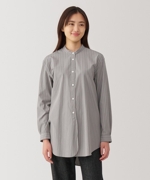 セール】婦人 洗いざらし ブロード スタンドカラー長袖ロングシャツ